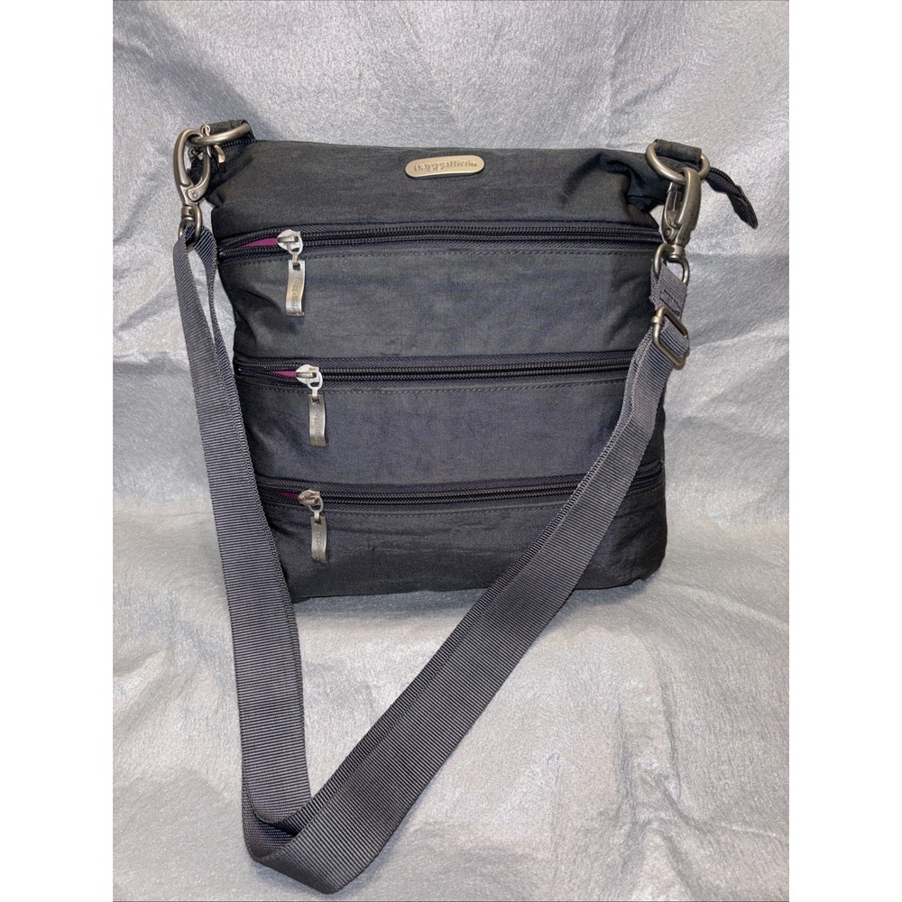 Baggallini Quad 4 Zipper Crossbody Bag Gunmetal Gray‎ W/ Fuchsia Lining 12'x10"